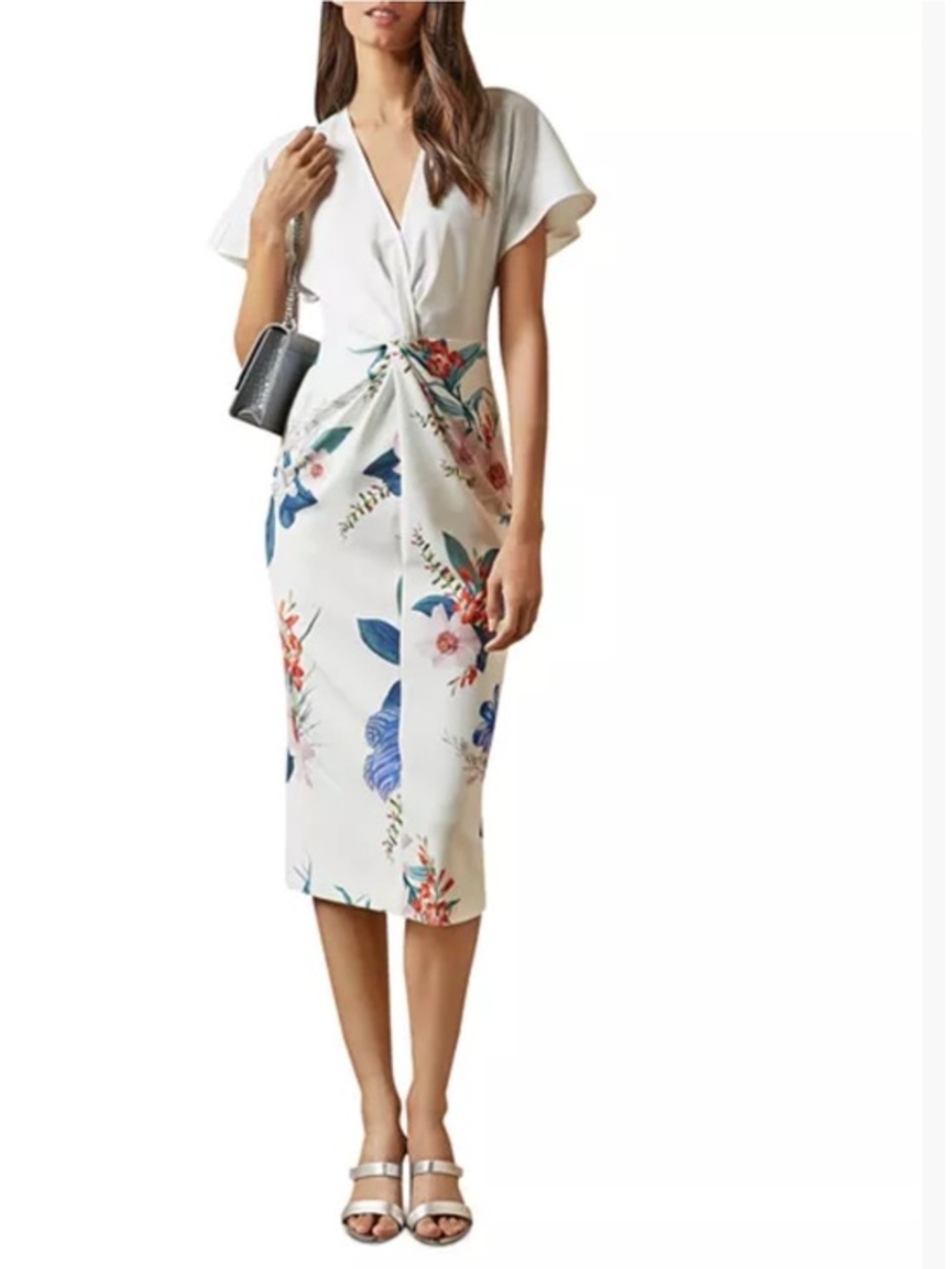 Ted Baker White Floral Twist Midi Dress Short Sleeve,V Neck Size 2